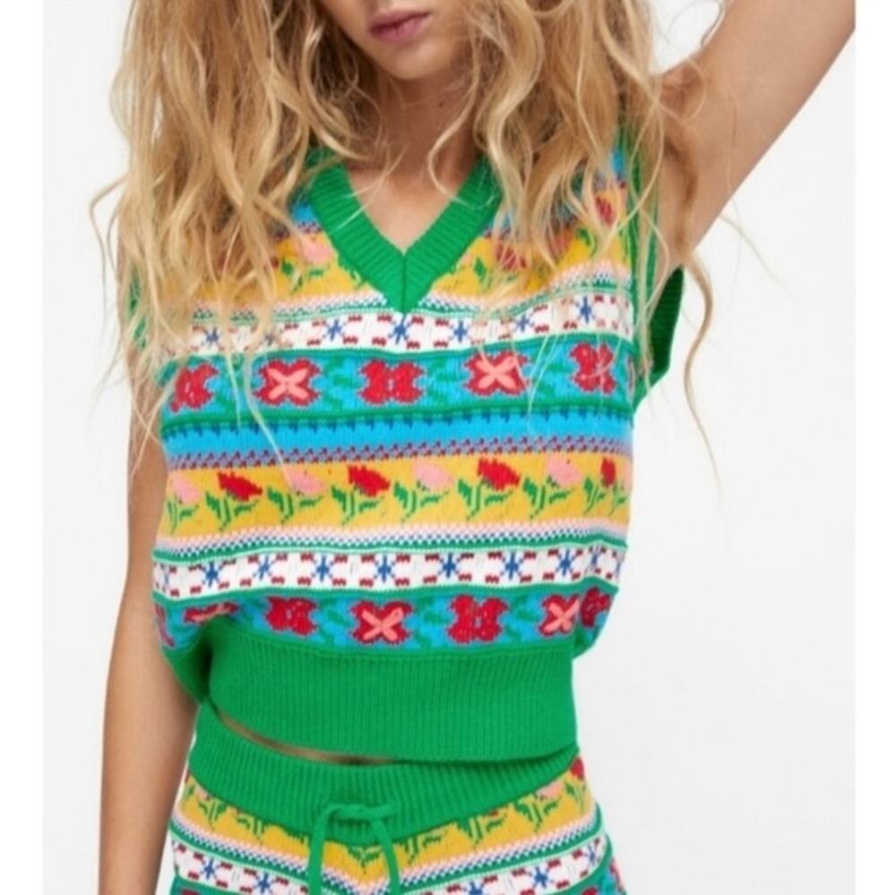 Zara Colorful Cottage Floral Jacquard Fair Isle Tulip Sweater Vest Women’s Small